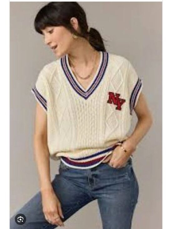 Francesca's Tops - Blue Rain Francesca's Louella Varsity NY Patch Pullover V-Neck Sweater Vest